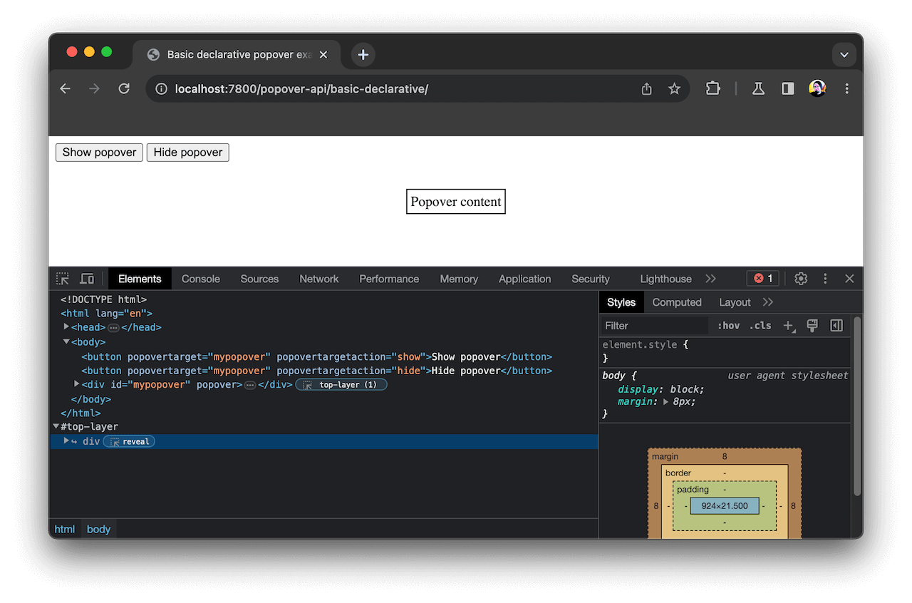 Ein Element in der oberen Ebene, wie in den Chrome DevTools angezeigt