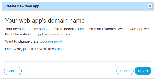 Eingabeaufforderung von PythonAnywhere zur Festlegung des Domainnamens der neuen Web-App