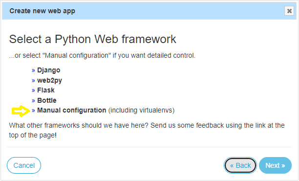 Eingabeaufforderung von PythonAnywhere zur Auswahl des Web-Frameworks, das für die Anwendung verwendet wird