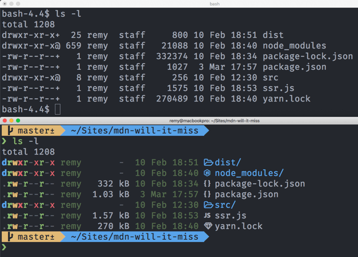 Ein einfaches macOS-Terminal und ein farbenfroheres benutzerdefiniertes macOS-Terminal, das eine Dateiauflistung anzeigt - Ergebnis des ls -l-Befehls
