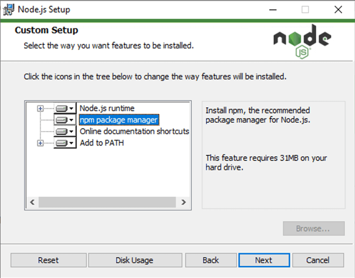 der Node.js Installer auf Windows, der die Option zeigt, npm einzuschließen