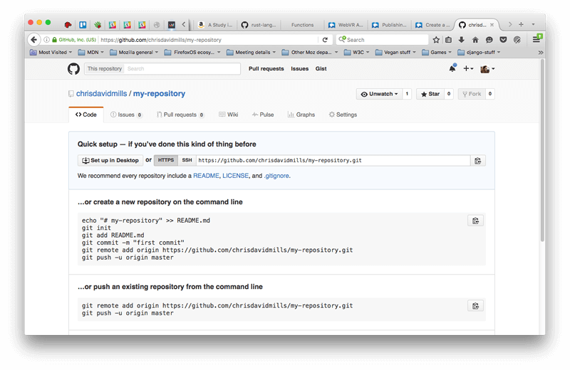 在浏览器中打开仓库页面,GitHub 标题下方由搜索栏和指向仓库的拉取请求(pull request)、议题(issue)和 gist 的导航链接组成。导航链接旁边是铃铛通知和你的帐户链接。下面是仓库所有者的名称,后跟斜线和仓库名称。在水平导航栏下方,由与你的仓库相关的不同标签页组成,选定的代码(Code)标签页显示说明如何创建仓库或如何使用命令行进行推送的文档。