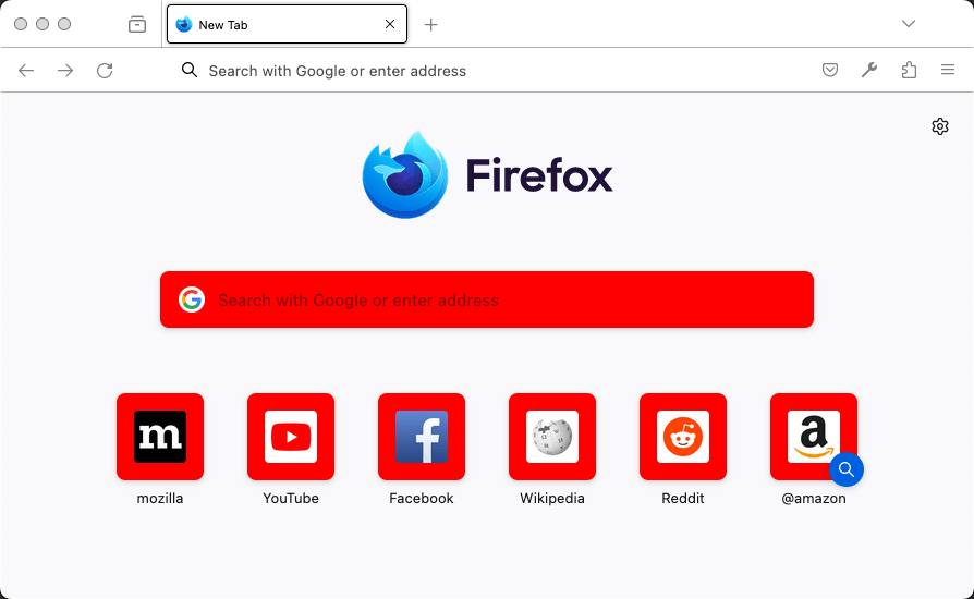 Firefox zeigt eine neue Tab-Seite an. Auf der Seite ist der Hintergrund der Suchleiste und der Shortcut Buttons rot.