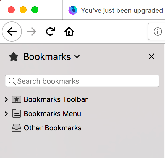 Ein Nahaufnahme der Lesezeichen-Sidebar des Firefox-Browsers mit einem roten horizontalen Trenner zwischen dem Seitenleistennamen und dem Seitenleistenmenü. Die Rand- und Trennerfarbe der Sidebar ist rot.