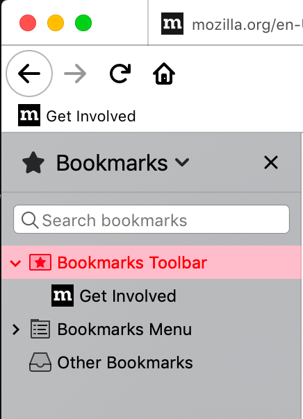 Ein Nahaufnahme der Lesezeichen-Sidebar des Firefox-Browsers mit einem hervorgehobenen Element. Die Farbe des Textes einer hervorgehobenen Zeile in der Sidebar ist rot. Die Textfarbe kontrastiert gut mit der pinkfarbenen Hintergrundfarbe der hervorgehobenen Zeile.