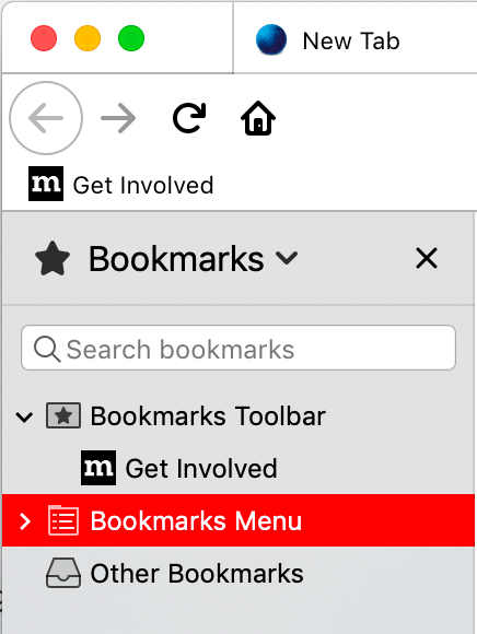 Ein Nahaufnahme der Lesezeichen-Sidebar des Firefox-Browsers mit einem hervorgehobenen Element. Die Hintergrundfarbe einer hervorgehobenen Zeile in der Sidebar ist rot mit weißem Text.