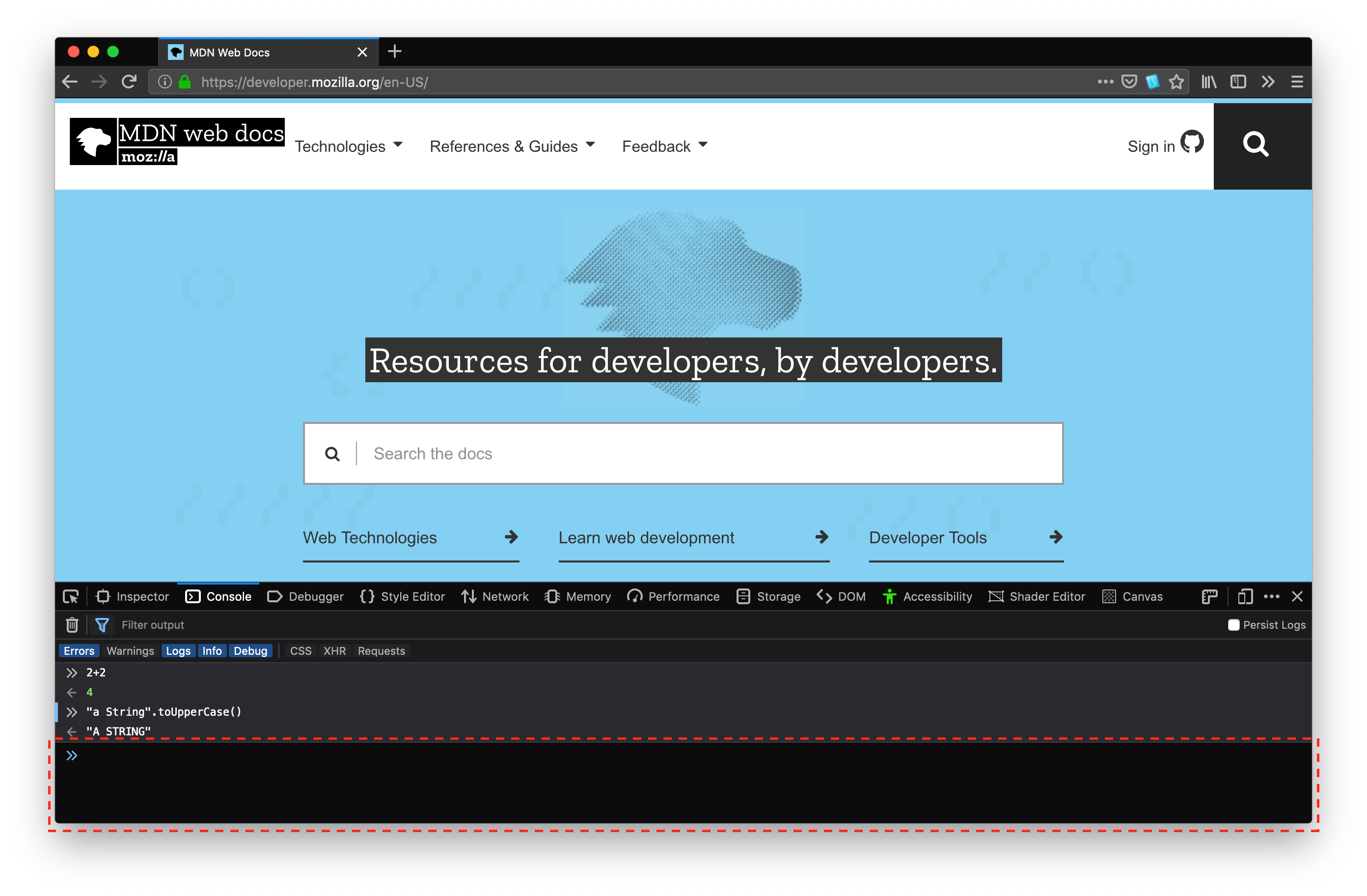 Ein Browserfenster mit geöffnetem Webkonsole unten, das zwei Zeilen Eingaben und Ausgaben enthält. Darunter kann Text eingegeben werden.